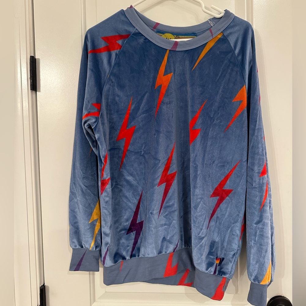 Aviator Nation velvet lightning bolt crew neck EUC